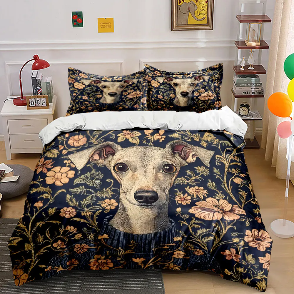 Elegant greyhound with floral background Printed Duvet Cover Set 1 Duvet Cover+2 Pillowcase Multi Size Bedroom Bedding Decor