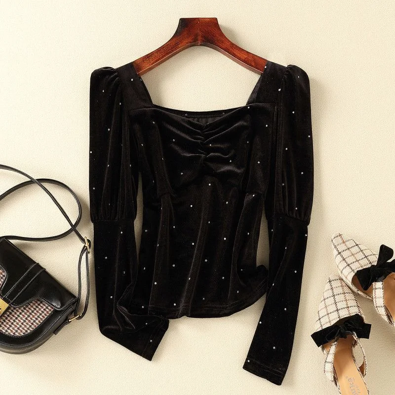 Spring Autumn Fashionable Square Collar Temperament Hot Silver Short Gold Velvet Bottoming Shirt Pleated Low Collar Top Women