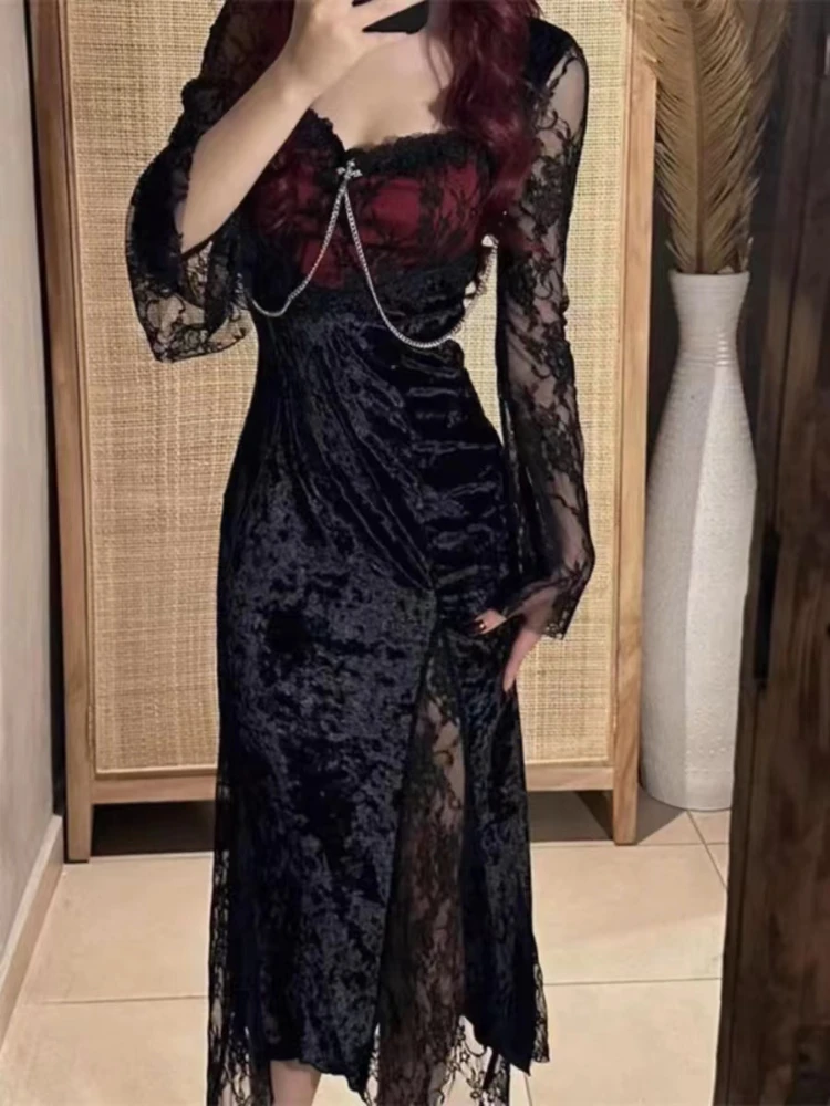 Autumn Gothic Grunge Y2k Lace Dress Women Sexy Slim Dark Academia Party Dresses Korean Festival  Fashion Design Long Prom Dress