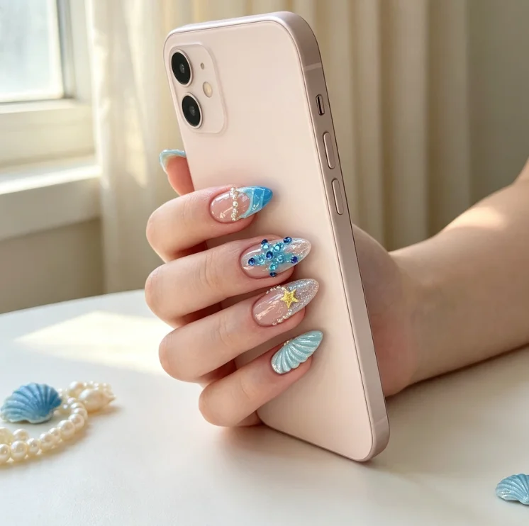 24PCS Summer Ocean Beach Style Press on Nails with Blue Seashell Starfish Pearl False Nails French Rhinestone Design Fake Nails