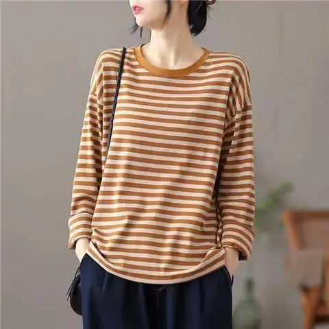 Cotton Striped T-shirt Women\'s Long Sleeved Top Loose Thin Small Shirt Versatile High-end T-shirt Base Shirt