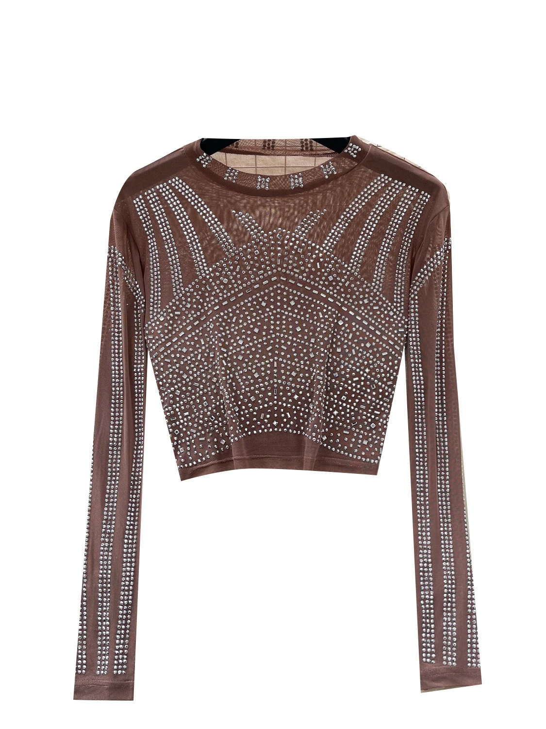 Women's Long Sve round Ne T-irt Summer Slim Fit ort Sle Diamond Embellied Sexy Pure Desire Spicy Girl Top