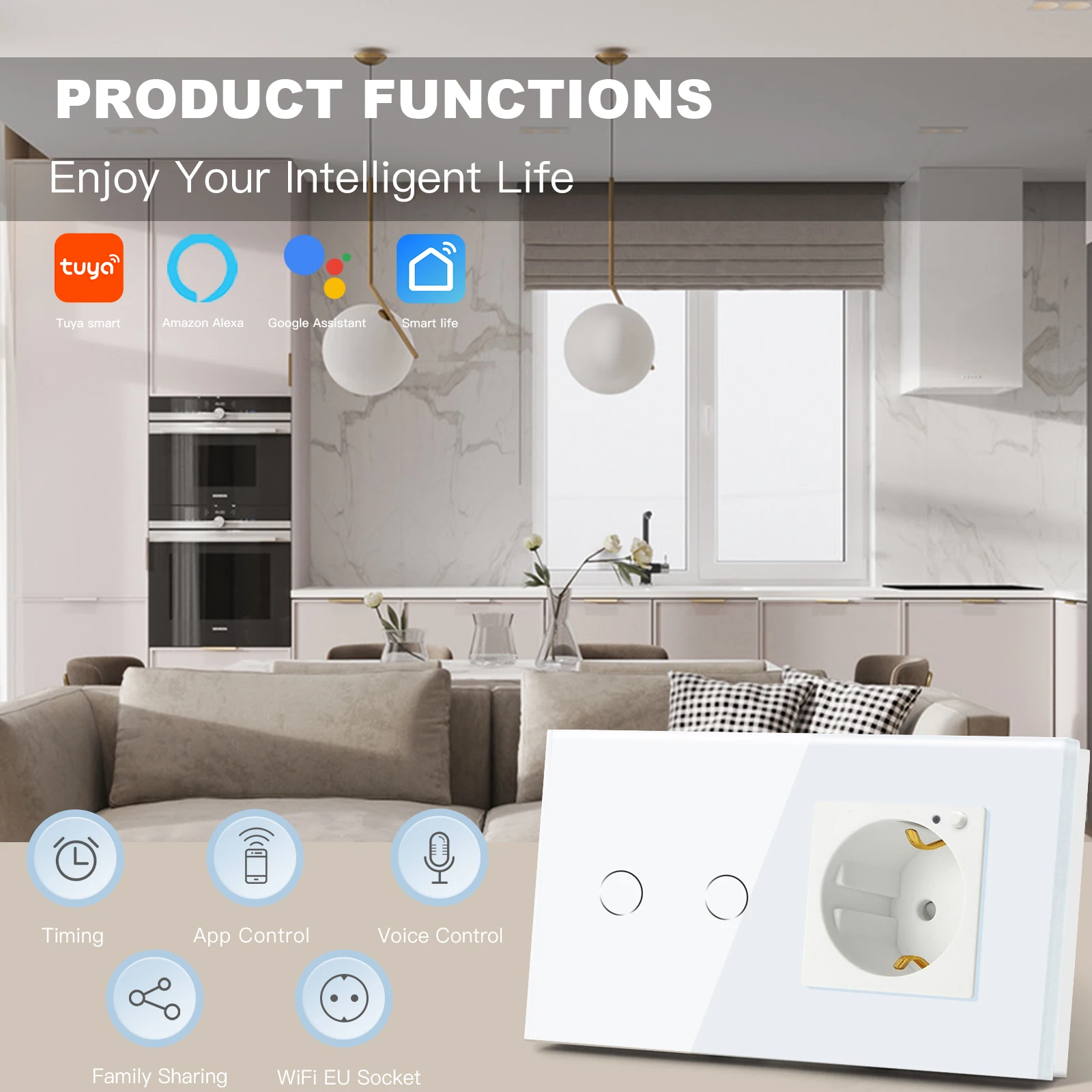 WIFI Touch Light Switch 1/2/3Gang 1/2/3way Smart Wall Socket Google Alexa Smart Life APP Touch Screen Switch EU Socket White