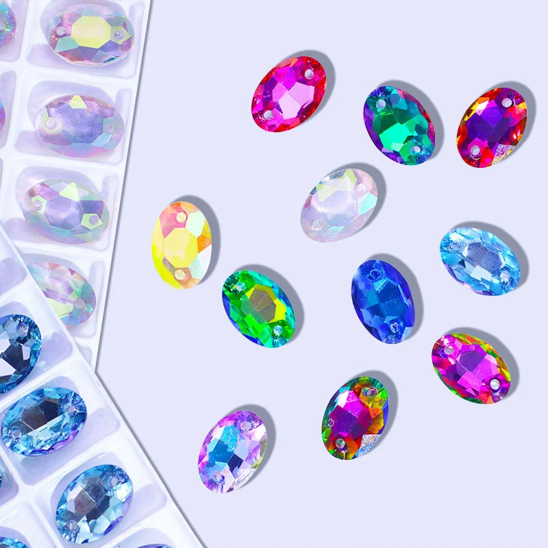 Oval Pointbak Sew On Rhinestone Gradient Tourmaline Glass Crystal Fancy Stone DIY Clothing Wedding Accessories