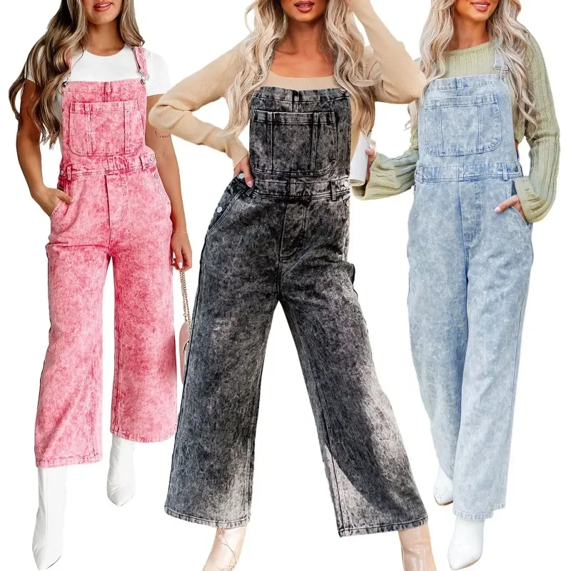 2024 neue Mode Damen Denim Retro ärmellose Jumps uit mit weitem Bein lässige lose Hose mit Taschen und Schulter gurten ydl26