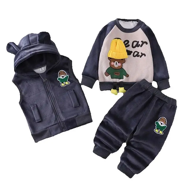 

Children's Christmas set boys girls autumn winter cartoon with fleece hooded vest+top+pants 3PCS set baby toddler warmth set