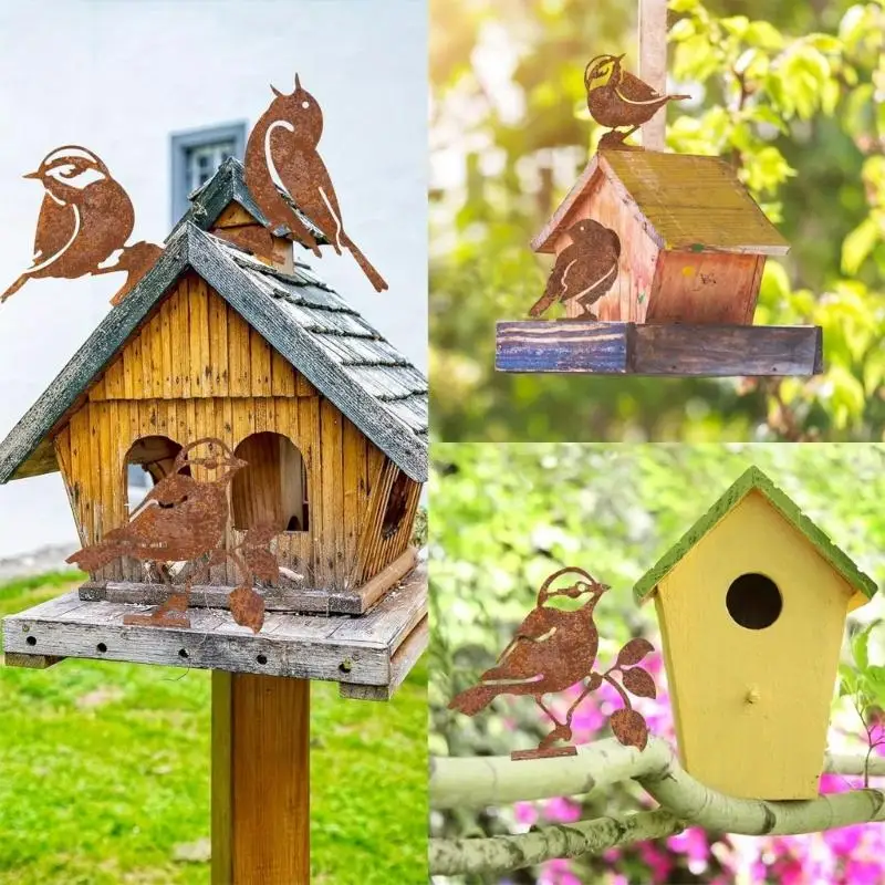 Unique Rusty Bird Sculptures Pack Of 5 Perfect For Garden And Indoor Spaces JOMD