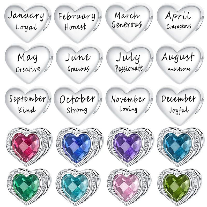 925 Sterling Silver 12 Months Birthstone Heart Charm Personality Engraving Fit Bracelets Personalized Birthday Jewelry Gift