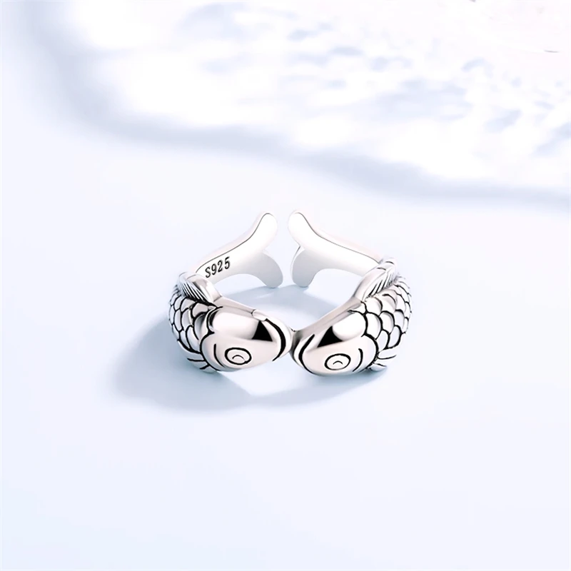 Sole Memory Vintage Thai Silver Cute Lucky Carp 925 Sterling Silver Female Resizable Opening Rings RI1217