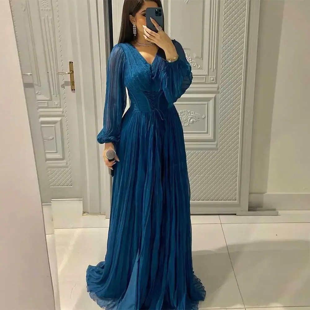 Customized Dubai Arab Solid Evening Dress V-Neck Long Sleeve Pleated Cinched Waist Chiffon Prom Formal Occasion Party Gown