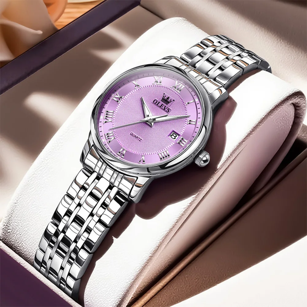 OLEVS New Luxury Fashion Purple Dial Watch For Ladies Casual Calendar Waterproof Quartz Watches Gift for Girlfriend