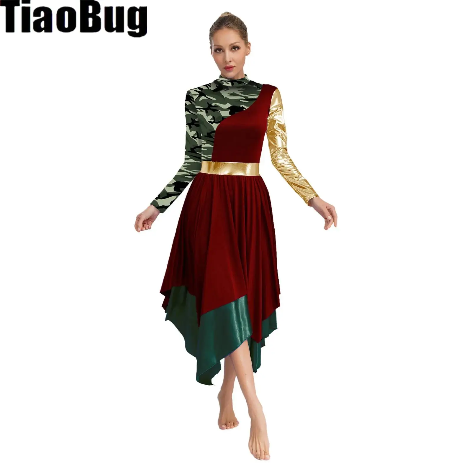 

Women Print Praise Dance Dress Liturgical Mock Neck Long Sleeve Stylish Color Block Patchwork Irregular Dress