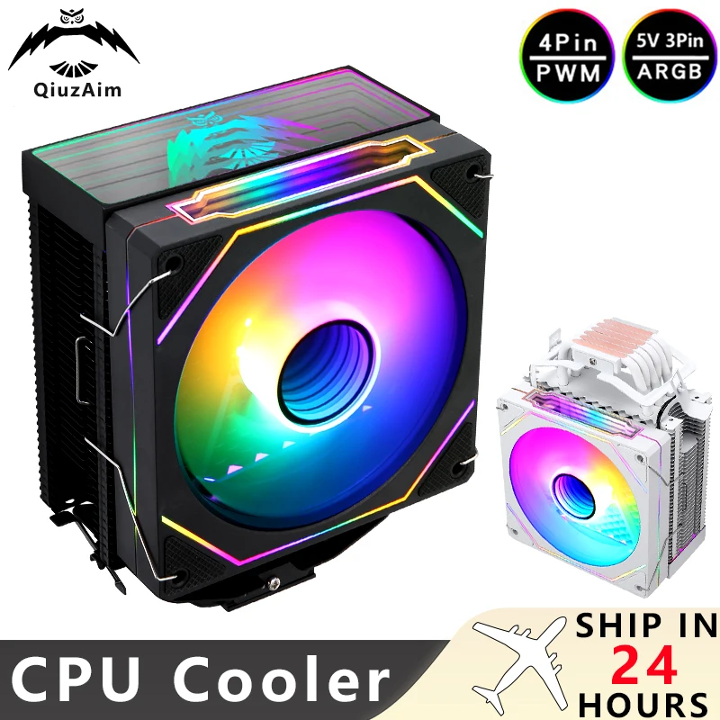 QiuzAim PC Black/White Themed Radiator 4/6 Heat Pipe CPU Cooler Argb Fan 120mm install Intel LGA2011 x79 x99 1200 1700 115x AMD