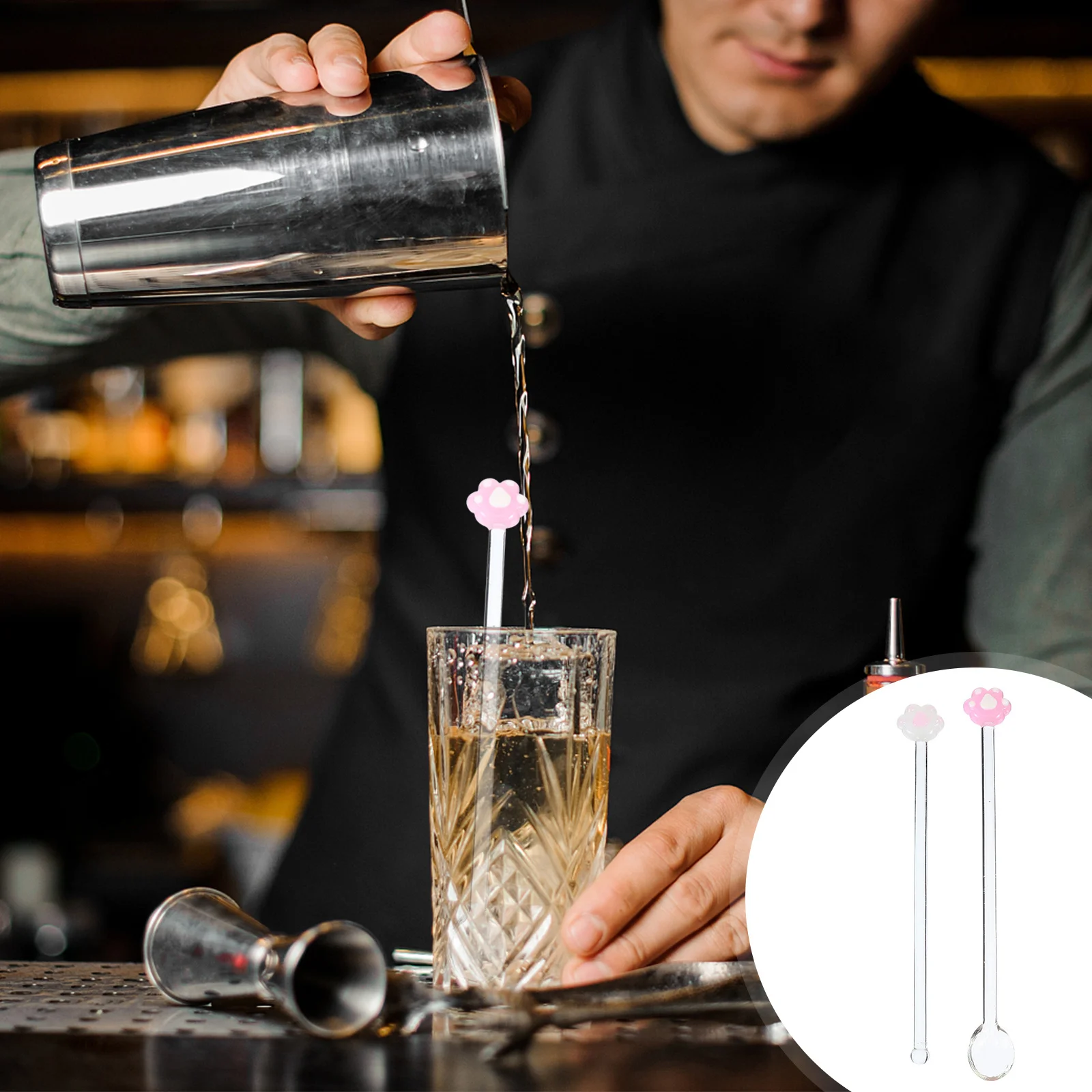 

1Set Glass Swizzle Stick and Spoon Unique Design Swizzle Stick for Cocktail Coffee Juice Bar Party Drinking Stirrers