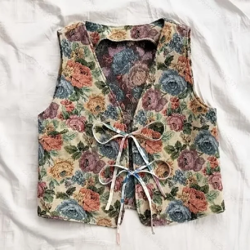 Womens Printed Flowers Vest Lace up Waistcoat Summer