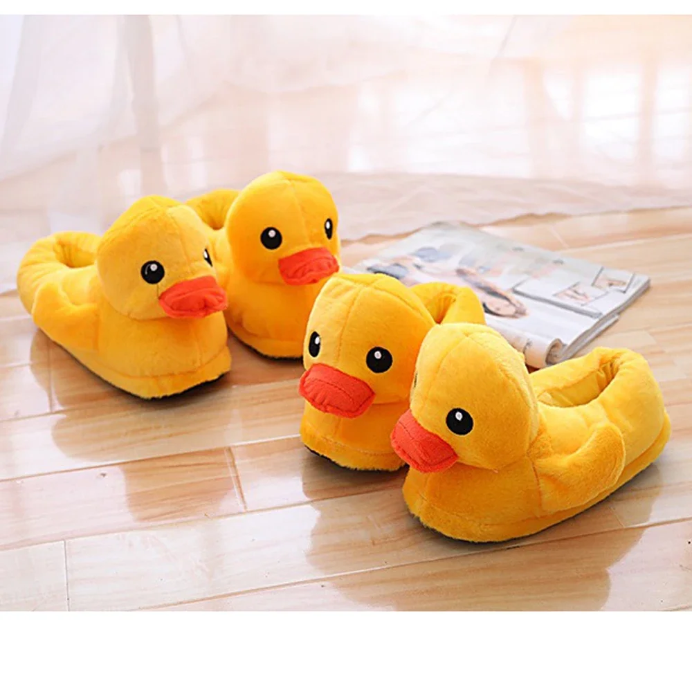 Autumn Winter Cartoon Yellow Duck Fuzzy Slippers Cute Plush Doll Home Bedroom Slides Warm Ankle Wrap Cotton Shoes Indoor Female