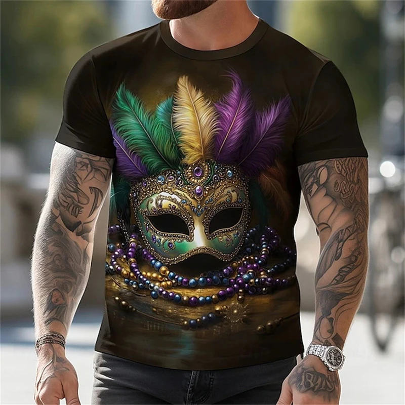 Mardi Gras Mask Pattern Carnival T Shirt Men Women 3D Print Exquisite Pattern Short Sleeves Round Neck Pullovers Tops Kids Tees