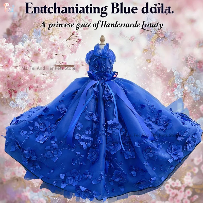 

Royal Luxury Princess Dog Dress Handmade Lace Flower Bow Party Gown for Small to Medium Puppy with Long Tail Pet Coat Fashion