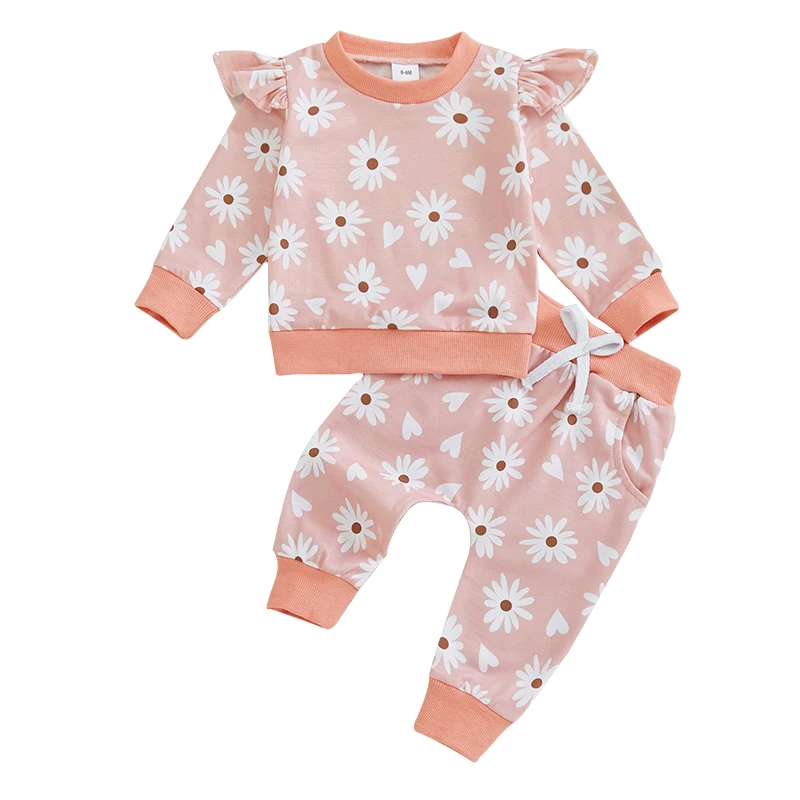 

Toddler Girls 2PCS Fall Sets Long Sleeve O Neck Daisy Print Tops Drawstring Pants Set