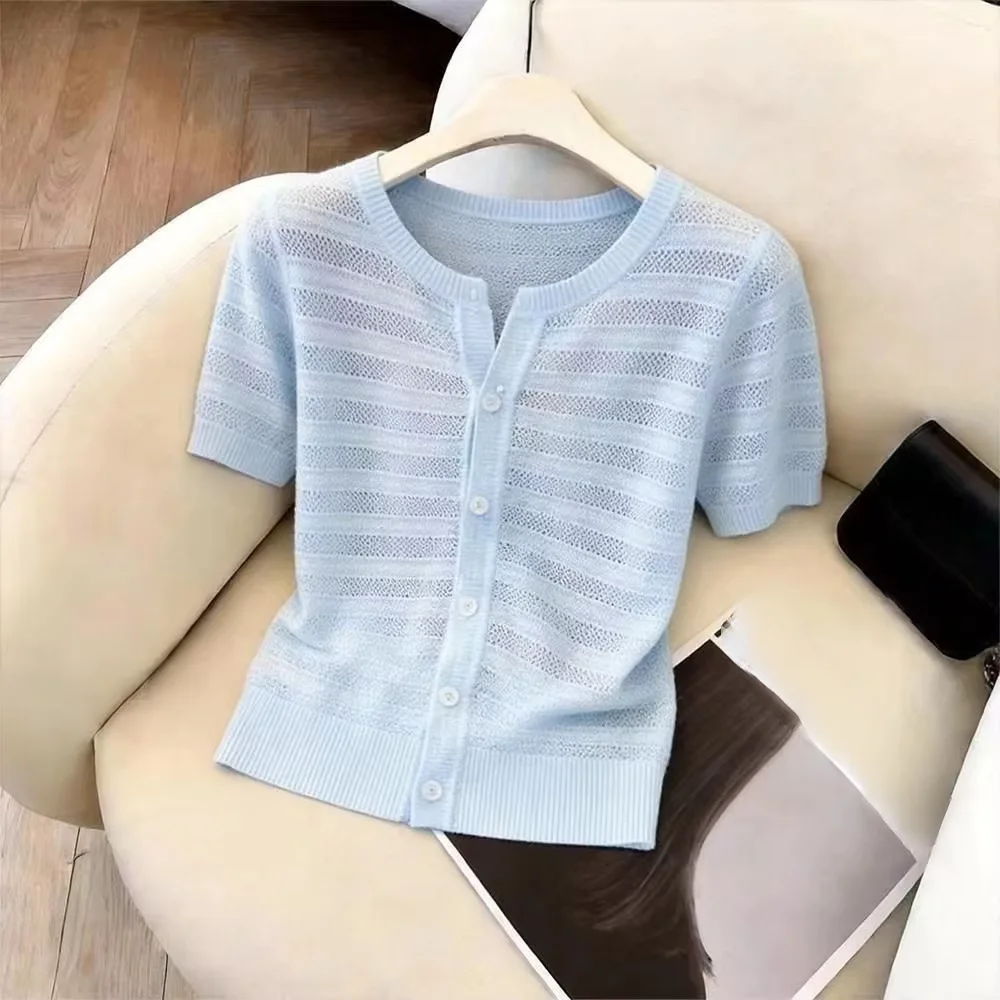 

Sueters De Mujer New Summer Short Sleeve Knitted Sweater Women Cardigans O-neck Striped Knit Sweater Cardigan Women Tops