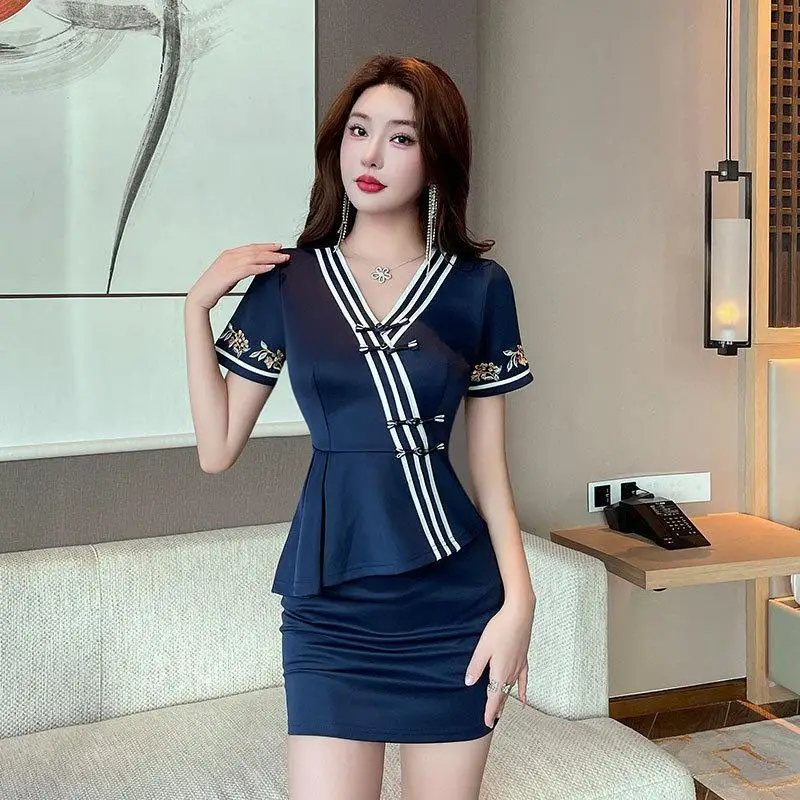 レディース作業服セット-ホテルウェイター-美容サロン-スパ-コーヒー-セクシー-フットバス-サウナ-テクニシャン-オーバーオール-ストライプユニフォーム