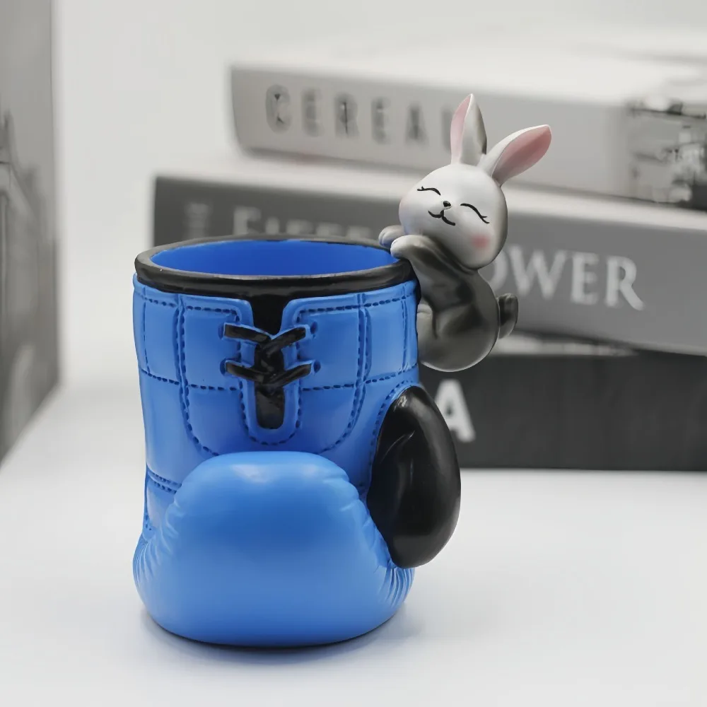 قفازات ملاكمة من الراتنج متعددة الأغراض، قاعدة ثابتة مع حامل أقلام على شكل حيوانات كرتونية، هدية صندوق أقلام أزرق/أحمر