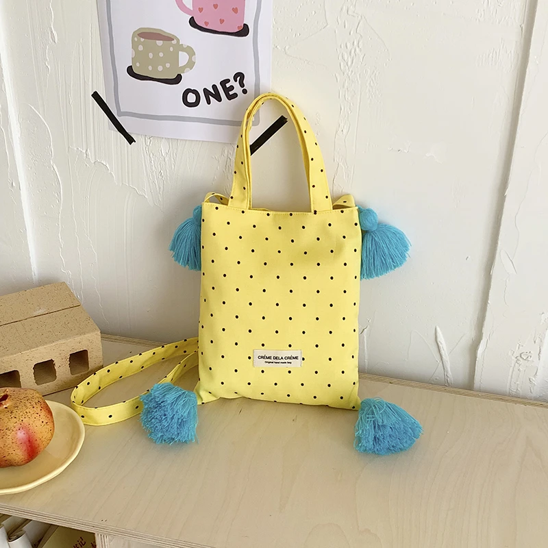 

Multicolor Polka Dot Canvas Crossbody Bag with Tassel Decor Small Casual Handbag for Students Daily Commute