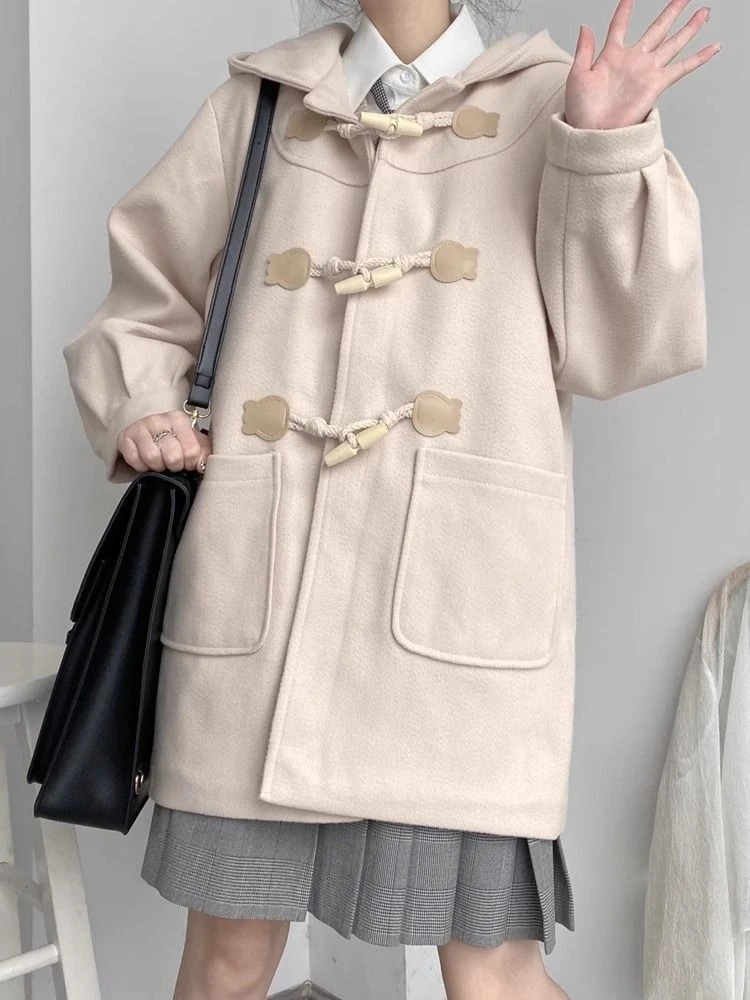 

Women's 2025 Winter Hooded Coat Small Stature College Style Thickened Mid Length Woolen Overcoat Featuring Horn Buttons