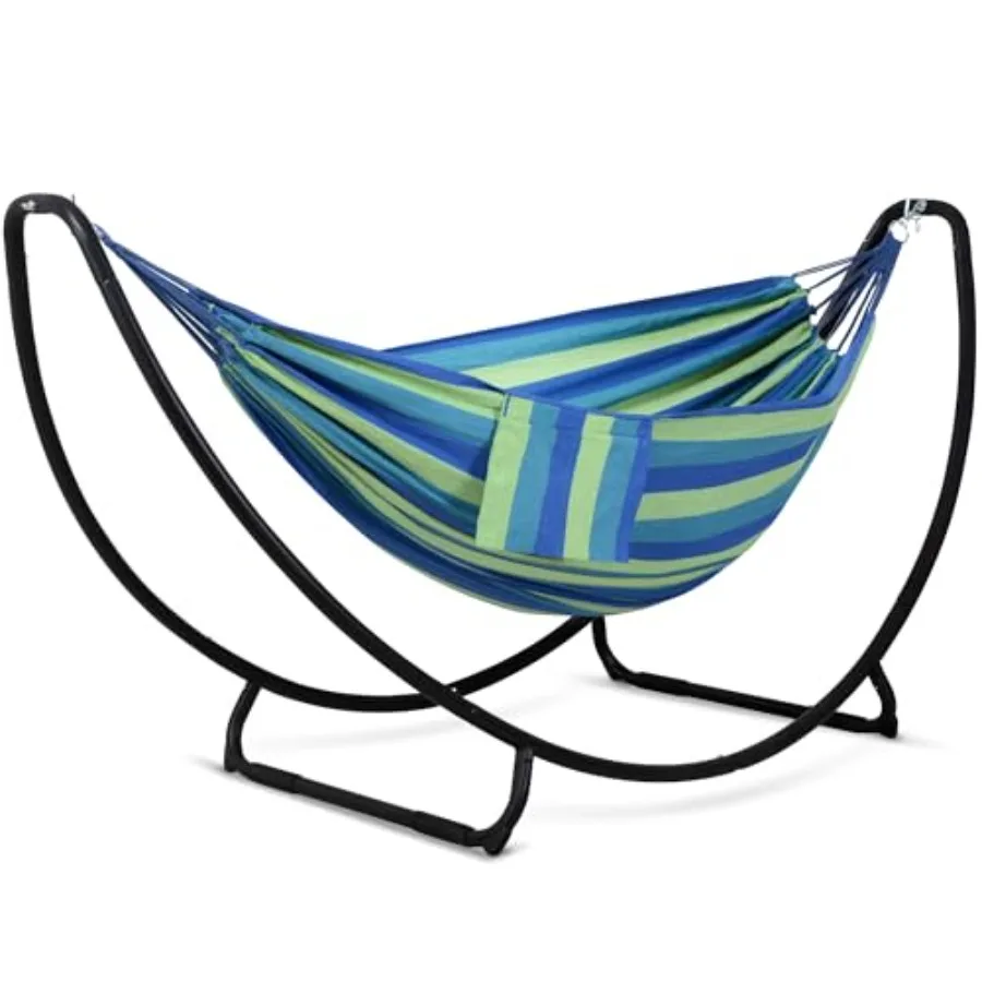

Standing patio hammock with foldable steel stand, blue-green polyester fabric, portable and easy to assemble for backyard or ga