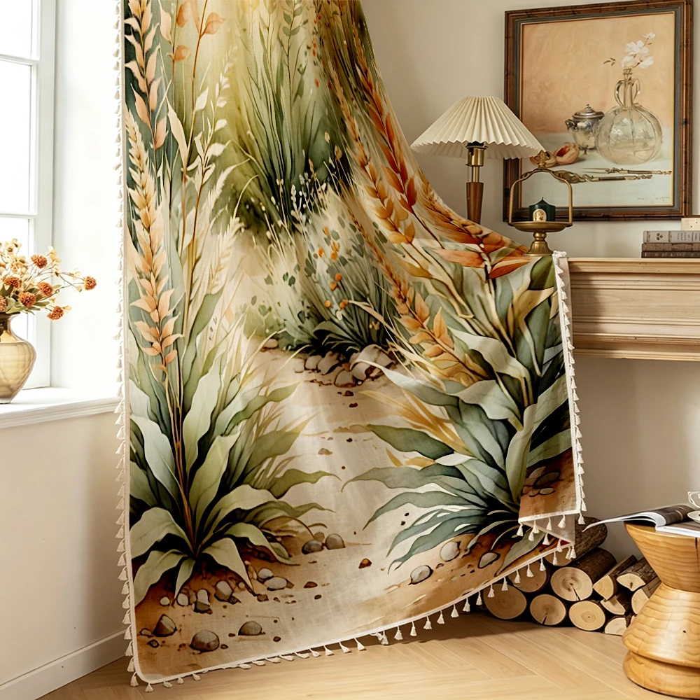 1PC Botanical Tassel Sheer Curtains, Watercolor Grass Plant Pebble, Digital Print, Polyester, Bedroom Living Room Home Decor