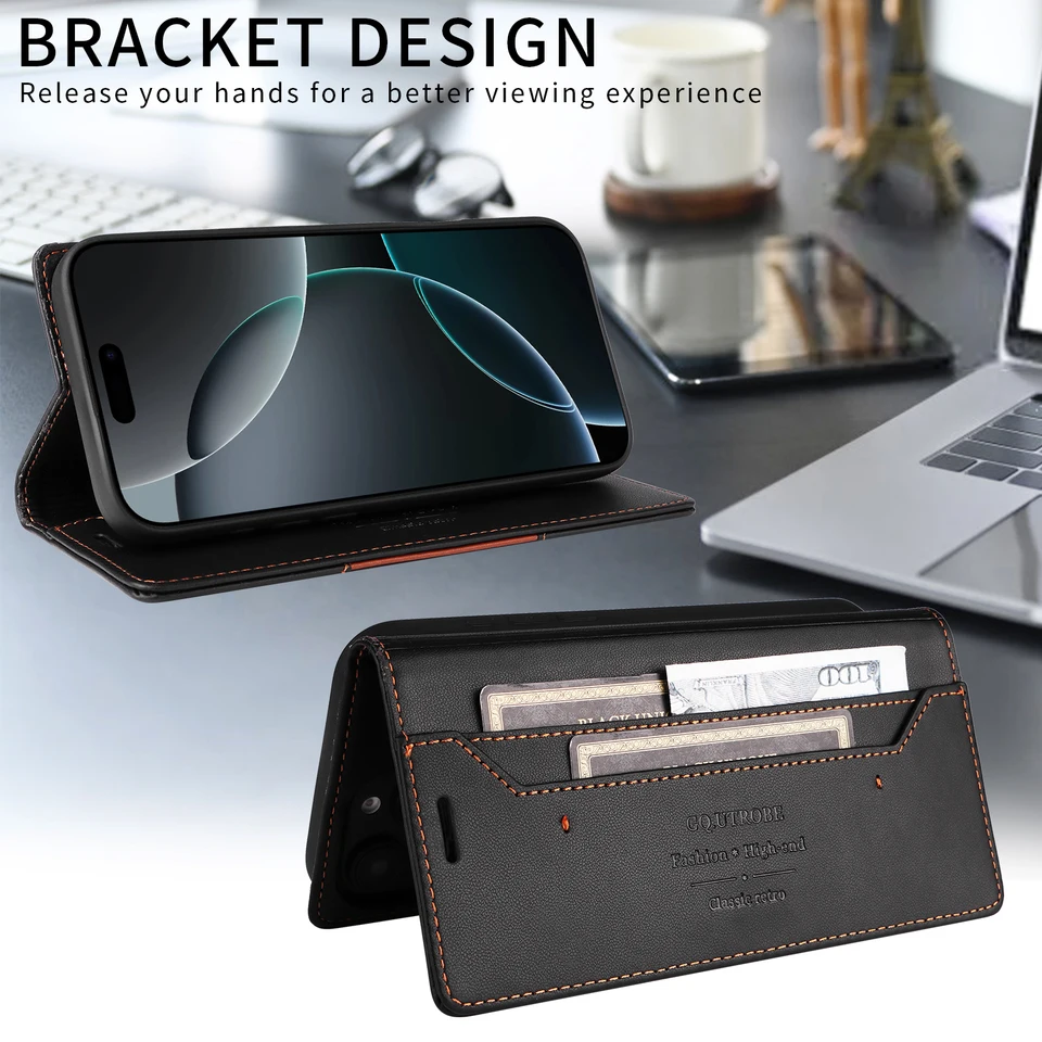 Funda Magnética de Cuero para iPhone 16 15 14 13 12 11 17 Pro Max 17Air 16 15 Plus 16e SE2 SE3 Billetera de Negocios con Ranura para Tarjetas 2