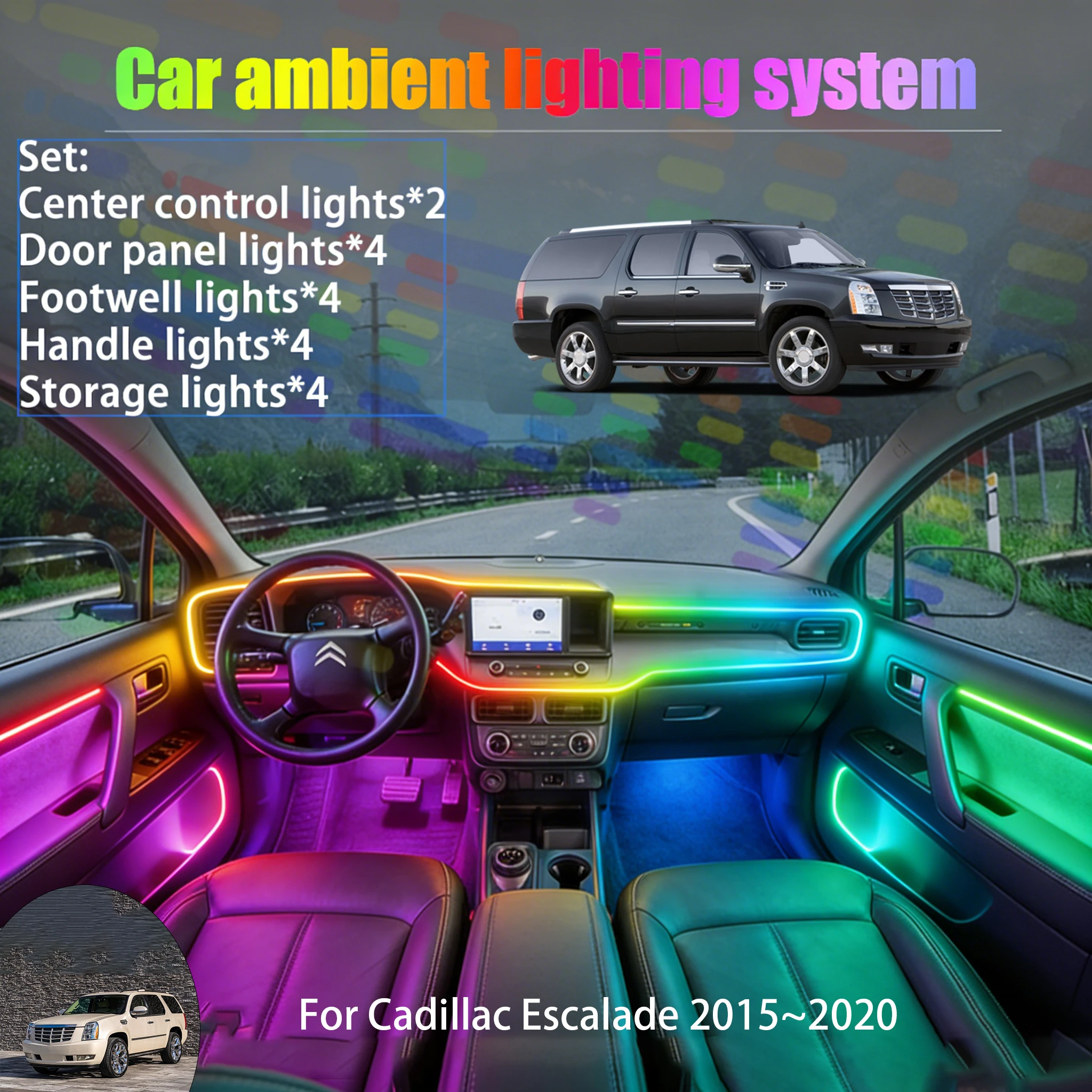 

Для Cadillac Escalade 2015~2020 MK3 2/18 в 1: Комплект светодиодной подсветки салона и багажника USB RGB с эффектом потока