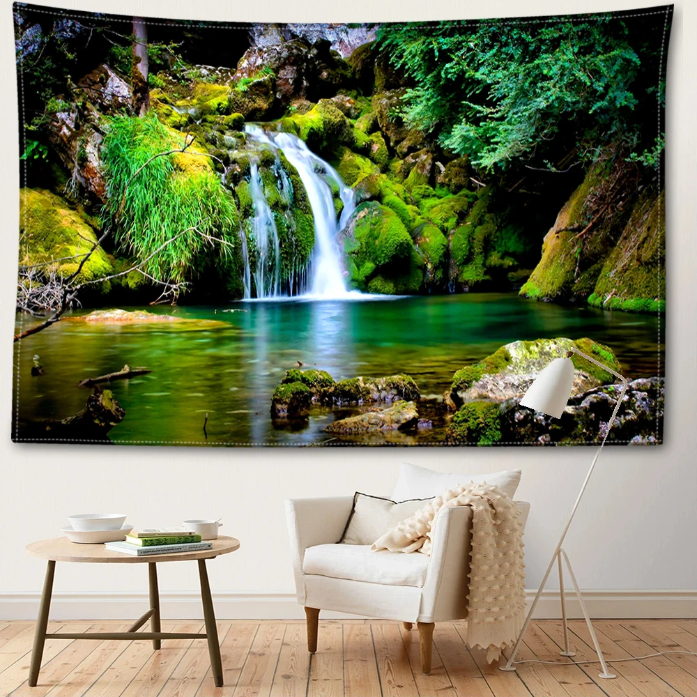 Cave Waterfall Scenery Tapestry Wall Hanging Minimalist Natural Art Hippie Tapiz Aesthetic Room Home Decor