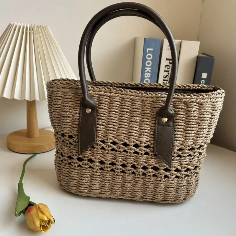 

French Style Hollow Out Straw Woven Tote Bag Bucket Bag Women Large Capacity Seaside Vacation Vegetable Basket Bag