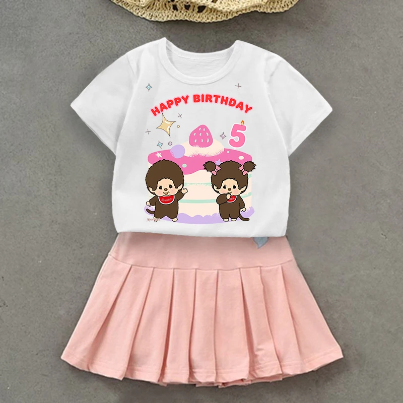 

Monchhichi Short Sleeved Pleated Skirt Set Birthday Party T-shirt Skirt 2pcs Suit Girl Fashion Tees Children Kawaii Clothes Gift