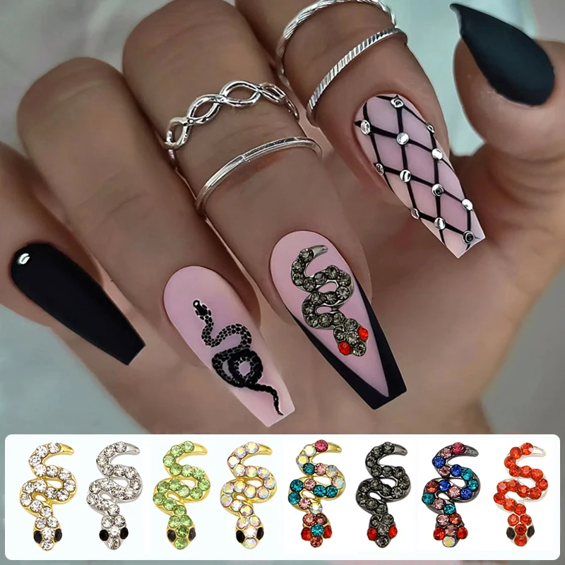 10pieces of Y2K style nail decoration charm alloy snake shape with shiny rhinestone nail art jewelry DIY luxury nail accessories