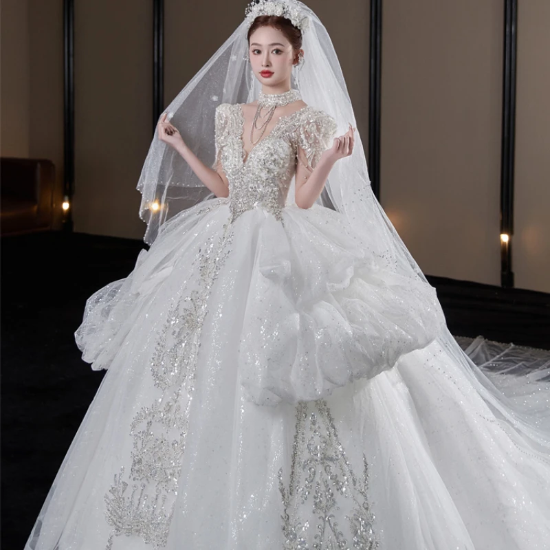 Wedding Bride's New Main Yarn French V-neck Retro High Quality Texture Princess Wedding Dress Bling Wedding Dress Bride Dress