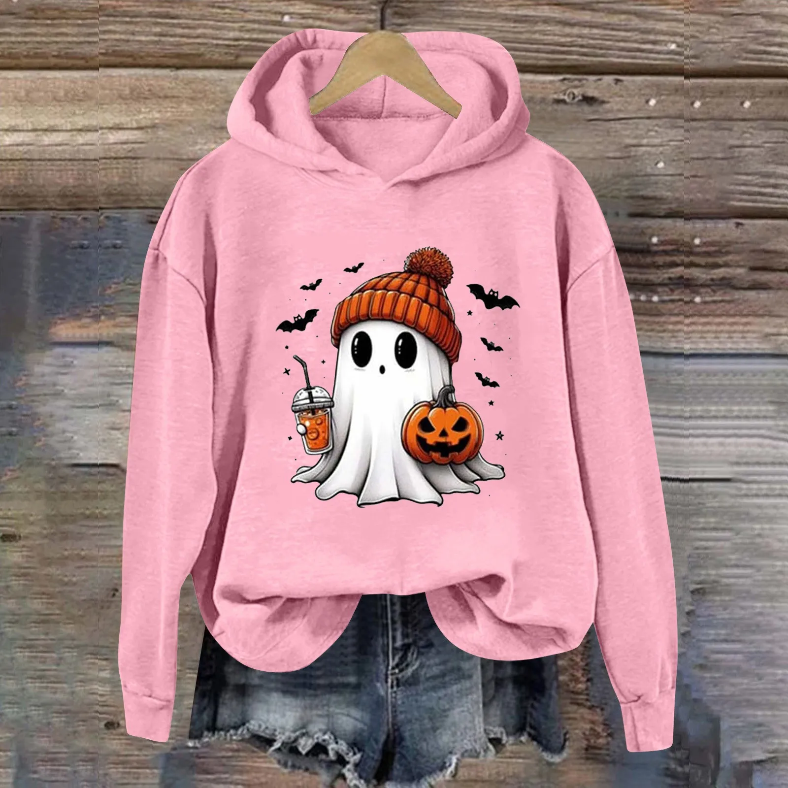 Cute Ghost Print Ladies Halloween Hoodie Crew Neck Long Sleeve Loose Comfortable Jumper Winter Fashion Trend Casual Hoodie