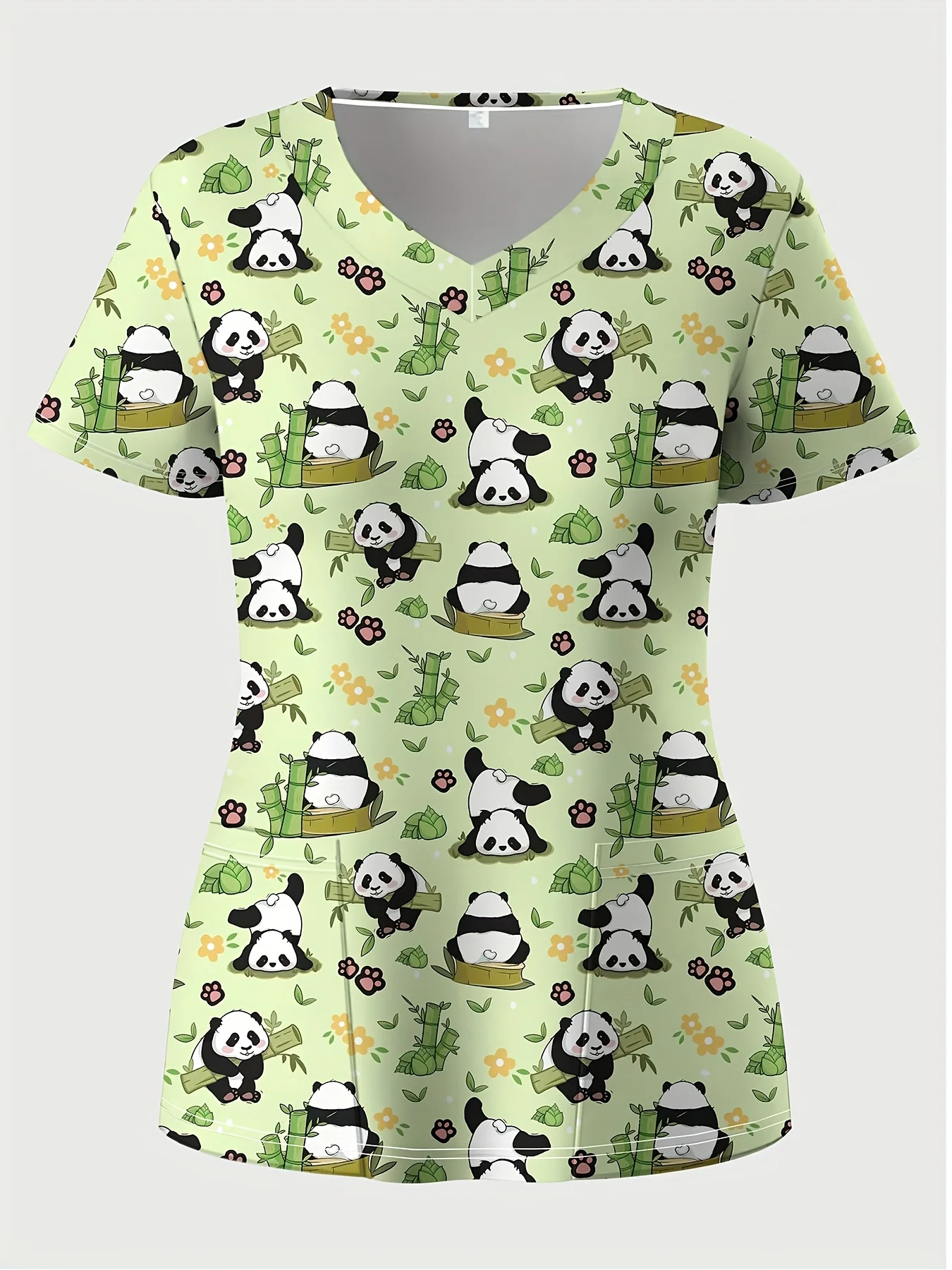 Rekbare damestop met V-hals en korte mouwen, schattige 3D-panda en bloemenprint, dubbele zakken - Comfortabel casual en gezondheidszorg