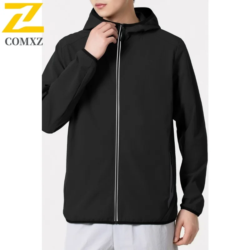 

COMXZ 2026 Men Sports Jacket High Quality Solid Color Hooded Coat Spring and Autumn Casual Thin Zipper Windbreaker Jackets Man