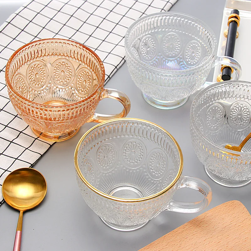 Glass Mug with Embossed Sun Flower, Drinking Glass Cups with Handles, Large Capacity, Bowl Shape, Milk, Water, Juice, Househol