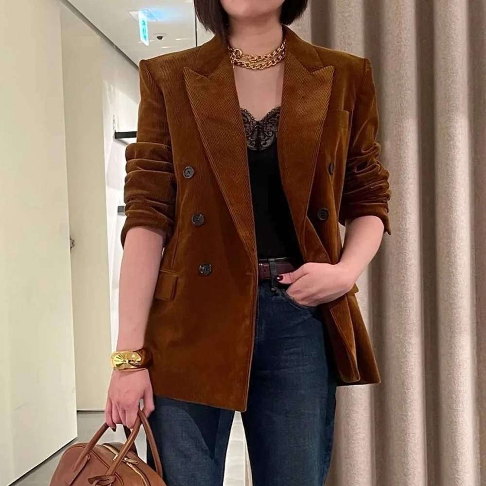 

Женская флисовая куртка в полоску из 100% хлопка Y2K, двубортный элегантный пиджак с длинными рукавами, осень/зима 2021, новое поступление