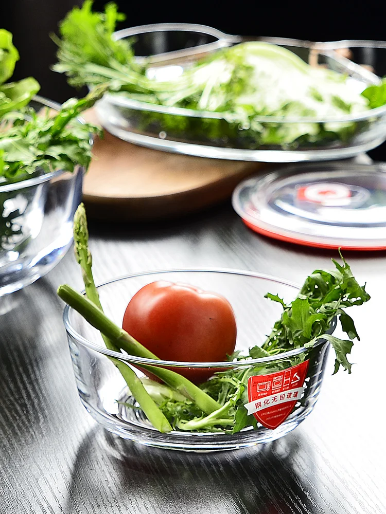 

Tempered Glass Bowl Heat Resistant Explosive Proof Large Capacity Salad Bowl with Lid Portable Dessert Bowl for Vegetables An...