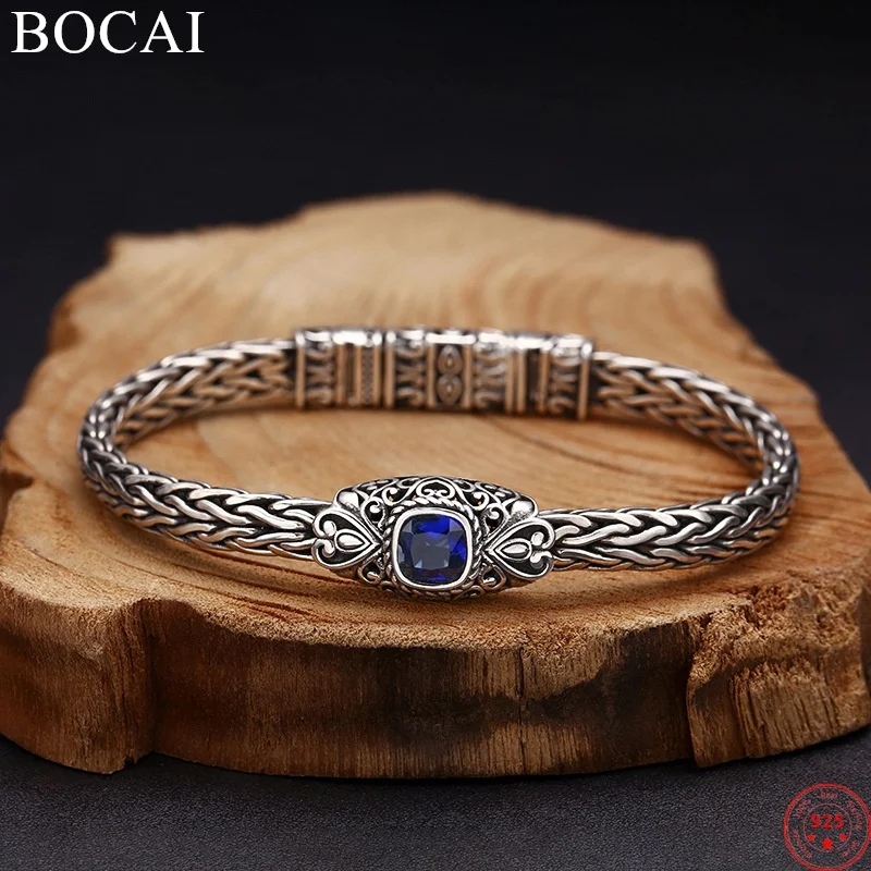 BOCAI S925 Sterling Silver Bracelets for Men Women New Fashion Eternal Rattan Blue Zircon Weaven Horsewhip-chain Wholesale