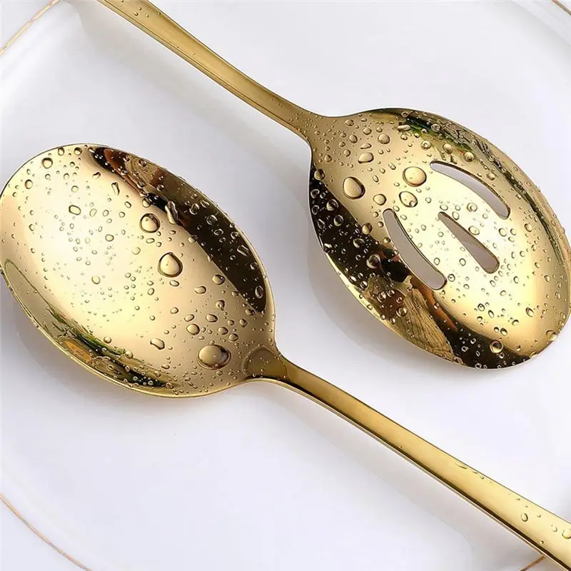 B62B Gold Serving Spoons 6 Pieces Stainless Steel Serving Utensils Mirror Polished 3 Spoon 3 Slotted