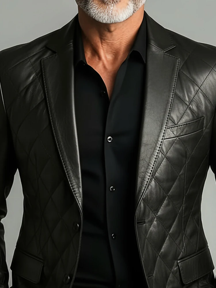 Men's Faux Leather Diamond Grid Business Blazer Elegant Vintage Peak Lapel Single-breasted Wedding Guest Formal Outerwear Jacket