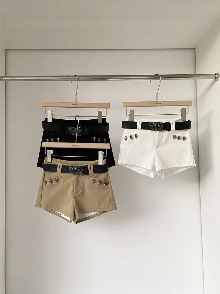 

American style spicy girls hip hugging ight low waisted A-line belt casual hot pants women summer straight leg pants