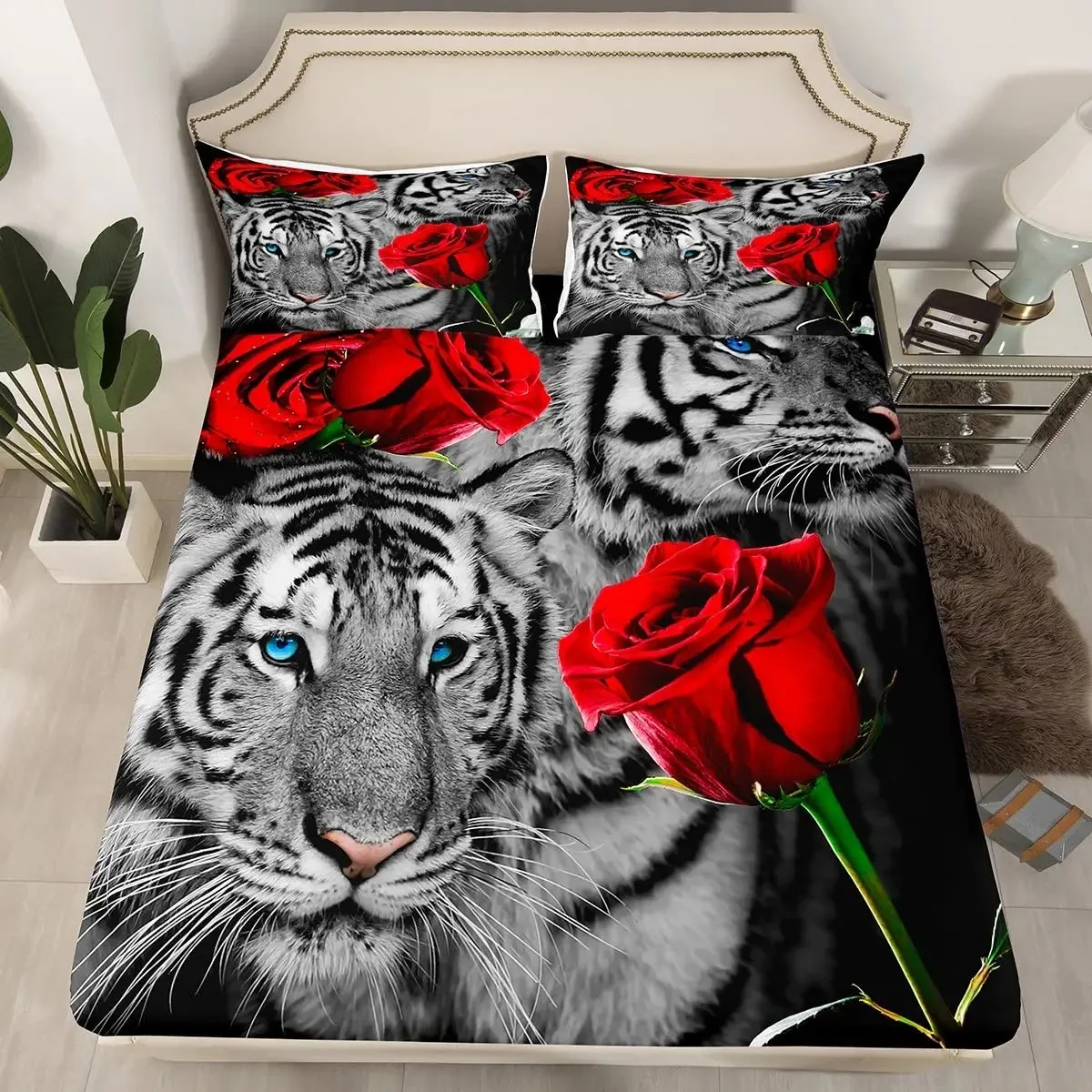 Tiger Bedding Set Queen Size for Boys Men 3D Animal Print Comforter Cover Wildlife Duvet Cover Set with 2 Pillow Shams 3 Piece