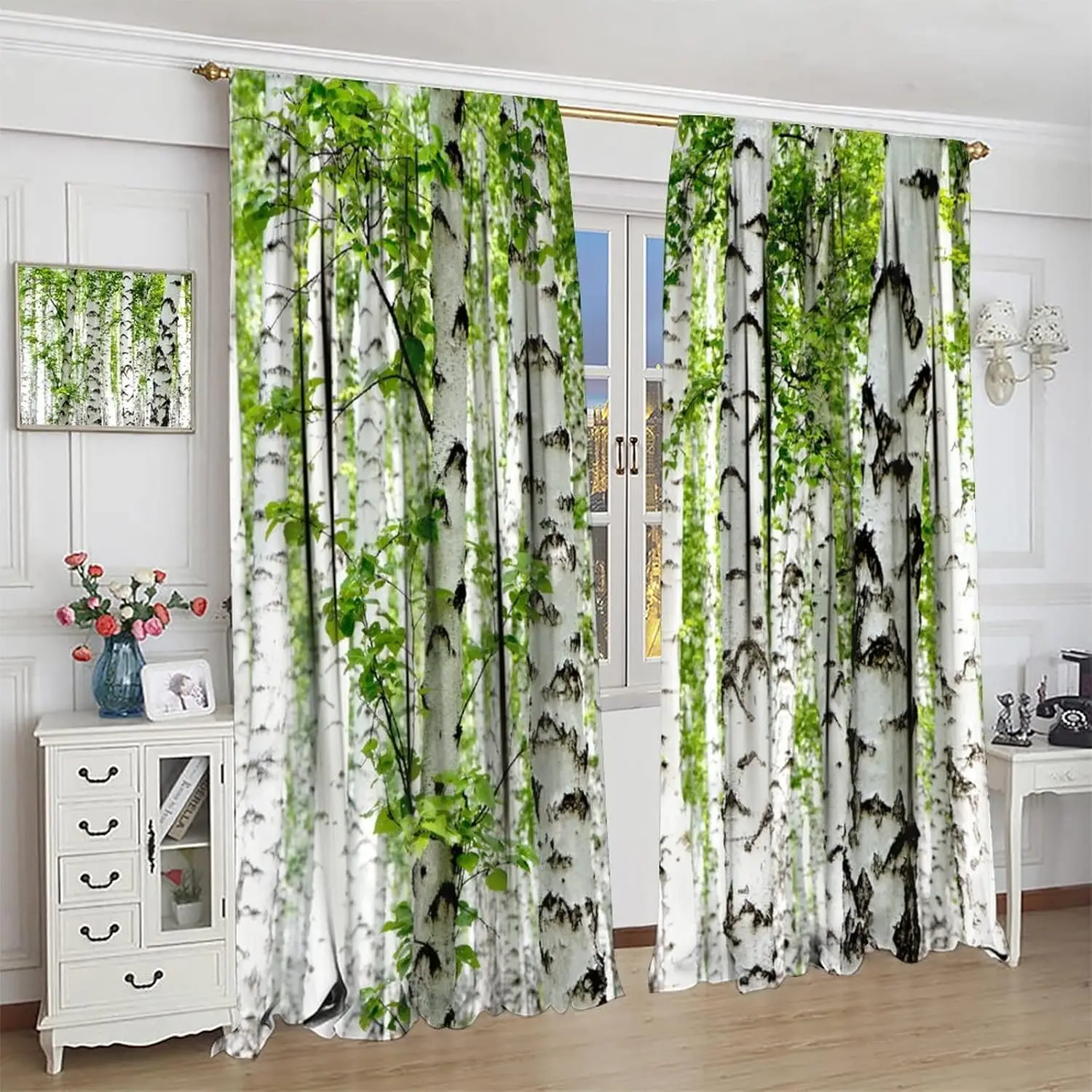 Landscape Birch Tree Curtains Nature Green Leaf Summer Window Curtain Thermal Insulated Drapes Rod Pocket Bedroom Dining Room