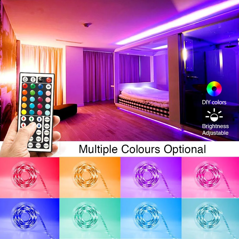 ไฟแถบไฟ LED พร้อมรีโมทคอนโทรล44ปุ่ม5050SMD เทป RGB ไฟ LED ติดผนังห้องบ้านห้องนอนงานเลี้ยงตกแต่งทีวีไฟหลัง